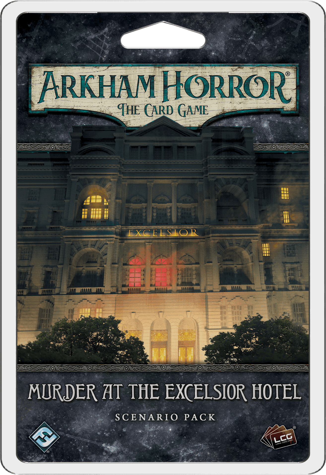 Portada juego de mesa Arkham Horror: El Juego de Cartas – Asesinato en el Hotel Excelsior: Pack de Escenario