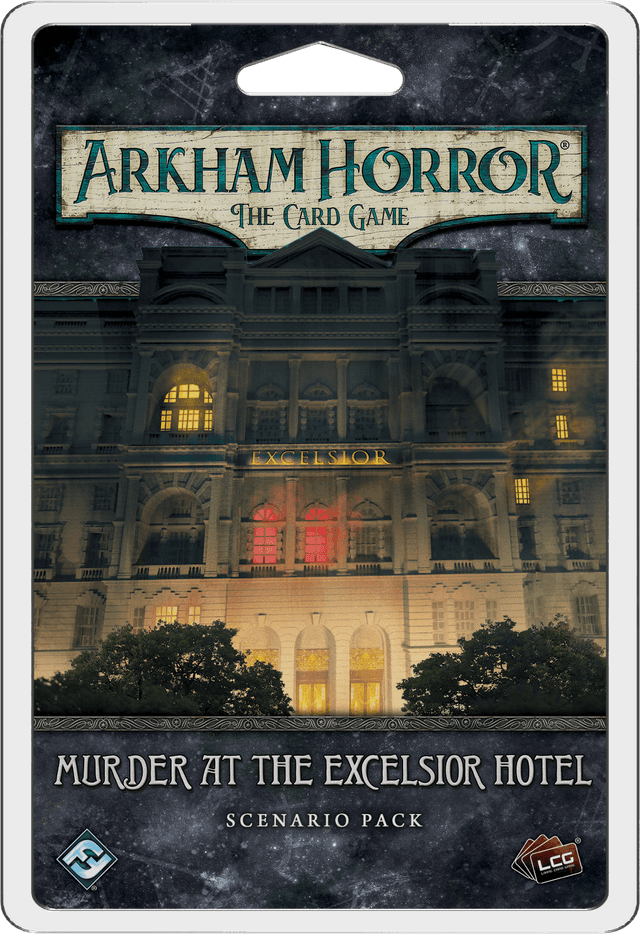 Portada juego de mesa Arkham Horror: El Juego de Cartas – Asesinato en el Hotel Excelsior: Pack de Escenario