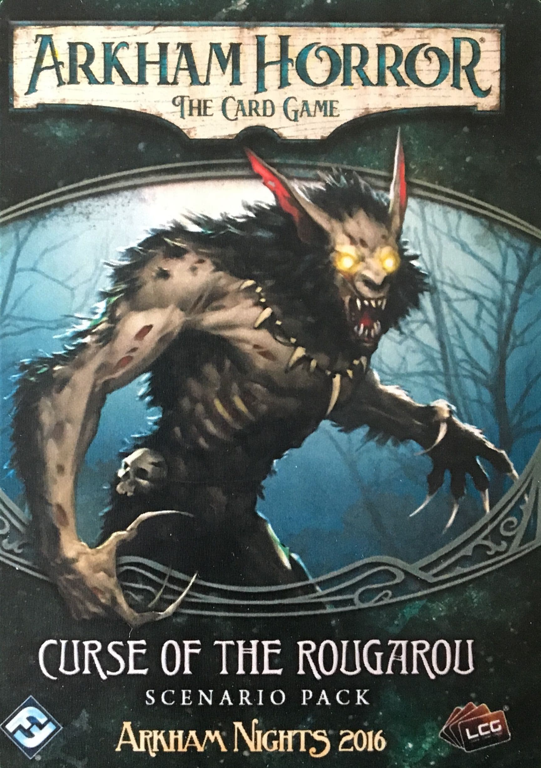 Portada juego de mesa Arkham Horror: El Juego de Cartas – La Maldición del Rougarou: Pack de Escenario